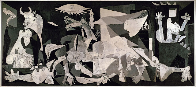 피카소 〈게르니카〉 1937년 작. 흑백 캔버스 349×776cm, 비명 지르는 어머니·쓰러진 말·부러진 칼 등 전쟁의 참상을 상징하는 인물들이 가득하다
